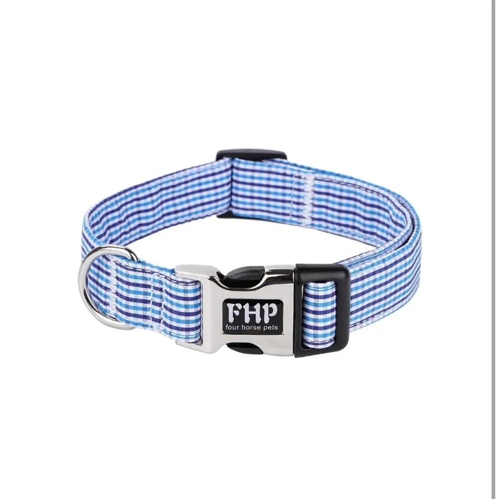Blue Checkered Grid Dog Collar and Detachable Bow Tie Set - Adjustable - Large